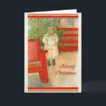Cartão De Festividades Menina sueco com Feliz Natal do Muff do inverno<br><div class="desc">Carl Larsson, artista fino do século XIX da suecia, pintou uma criança sueco pequena nomeada Greta, na frente de uma árvore de Natal e de vestir um muff do casaco e da pele do inverno. No fundo é um banco vermelho e no primeiro plano está a cadeira de balanço vermelha...</div>