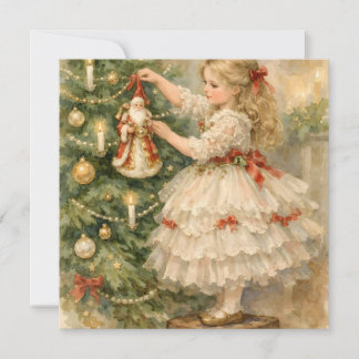 Cartão De Festividades Menina Vitoriana Decorando Árvore de Natal 