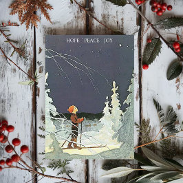 Cartão De Festividades Menino Antigo de Esqui Admira a Estrela de Natal