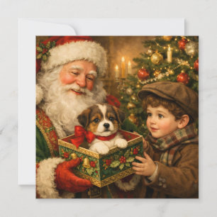 Cartão De Festividades Menino Antigo e Papai Noel com Cachorrinho 