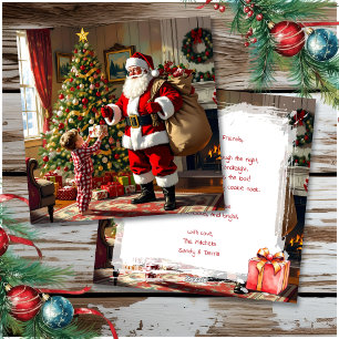 Cartão De Festividades Menino dando um presente de Natal ao Papai Noel