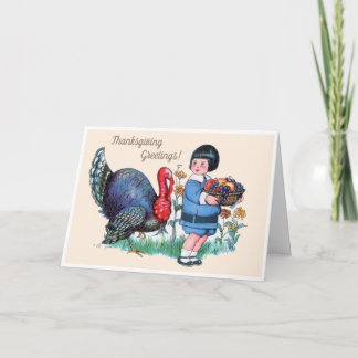 Cartão De Festividades Menino do Dia de Ação de Graças Vintage com Peru e