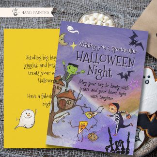 Cartão De Festividades Menino Esqueleto Fofo & Frankenstein Fantasia de H