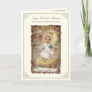 Cartão De Festividades Menino Jesus no Natal Poinsettias Terço