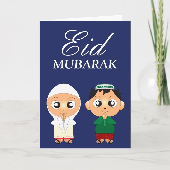 Cartão De Festividades Menino muçulmano bonito e menina Eid Mubarak (Frente)