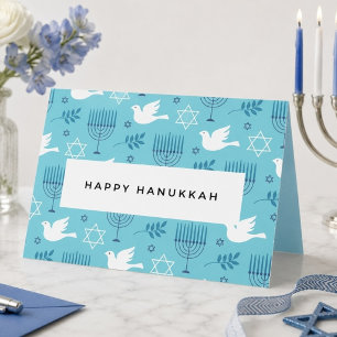 Cartão De Festividades Menorá Azul Moderna de Hanukkah com Pombo e Estrel