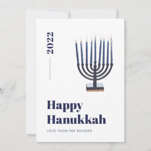 Cartão De Festividades Menorá de Velas Azul Minimalista Aquarela Hanukkah