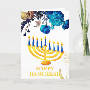Cartão De Festividades Menorah Dourada e azul moderno Feliz    Chanucá H