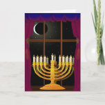 Cartão De Festividades Menorah na janela<br><div class="desc">Menorah refletiu na janela,  com a lua em declínio no céu noturno,  e Hanukkah abençoando dentro</div>