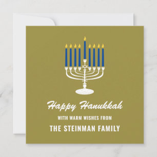 Cartão De Festividades Menorah White Blue, nome Dourado da família Happy