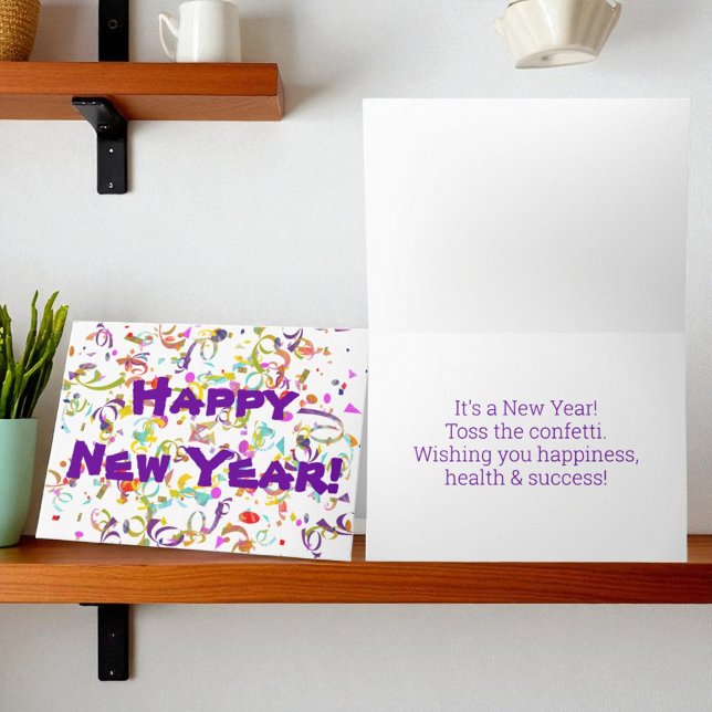 Cartão De Festividades Mensagem Personalizada do Feliz ano novo de Confet (confetti front cover front and inside template text greeting card)