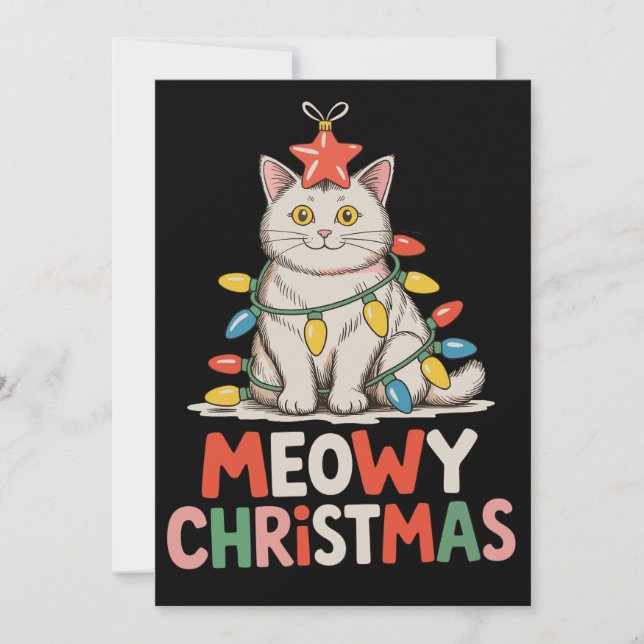 Cartão De Festividades Meowy Natal Engraçado Luzes de Natal Gato Fofo Fér (Frente)