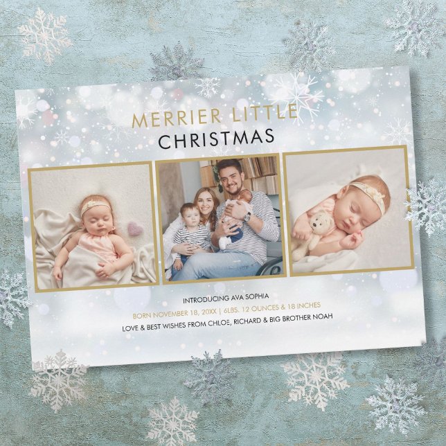 Cartão De Festividades Merrier Little Christmas Snow Photo Birt (Merrier Little Christmas Snow Photo Birth Holiday Card)