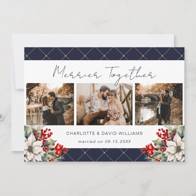 Cartão De Festividades Merrier Together Blue Newlywed 3 Photo Botanical (Frente)