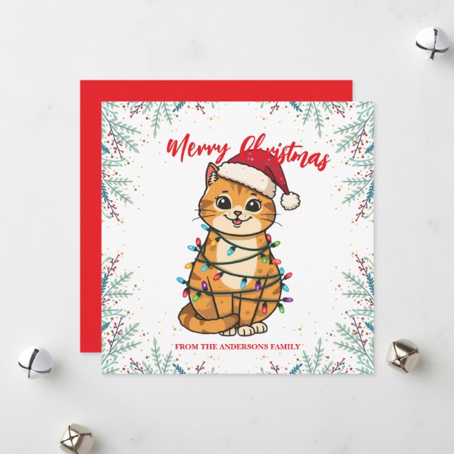 Cartão De Festividades Merry and Bright cat Christmas kitten snow winter (Frente/Verso In Situ)