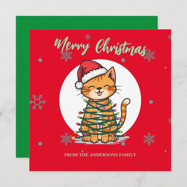 Cartão De Festividades Merry and Bright cat Christmas kitten snow winter (Frente/Verso)