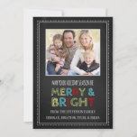 Cartão De Festividades Merry and Bright Christmas Photo Card Chalkboard<br><div class="desc">Merry & bright christmas customizable photo card in colorful,  fun and retro red,  green,  blue,  yellow,  black and white chalkboard pattern. Add your photo and custom text to this card to create a unique christmas greeting this holiday season for friends and family.</div>