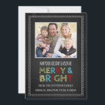 Cartão De Festividades Merry and Bright Christmas Photo Card Chalkboard<br><div class="desc">Merry & bright christmas customizable photo card in colorful,  fun and retro red,  green,  blue,  yellow,  black and white chalkboard pattern. Add your photo and custom text to this card to create a unique christmas greeting this holiday season for friends and family.</div>