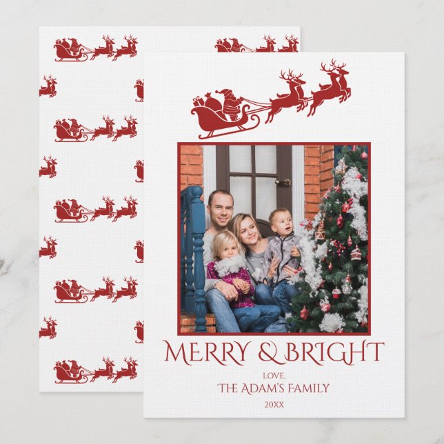 Cartão De Festividades Merry and Bright Santa Sleigh Family Photo  (Frente/Verso)