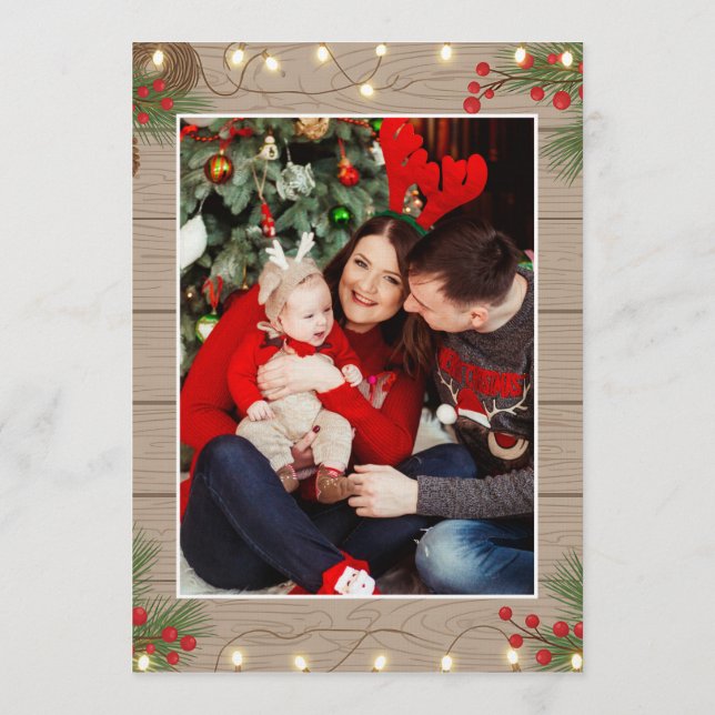 Cartão De Festividades Merry and Bright Wooden texture Family 2 Photo  (Verso)