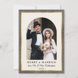 Cartão De Festividades Merry and Married Arch Photo Black Gold Plaid 