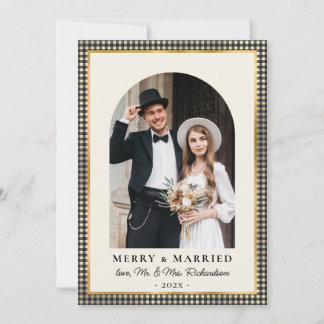 Cartão De Festividades Merry and Married Arch Photo Black Gold Plaid 