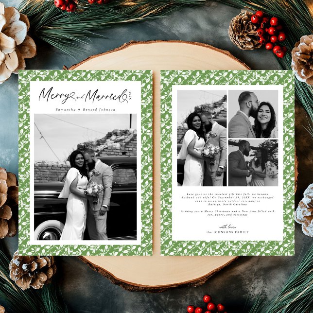 Cartão De Festividades Merry and Married Newlywed Script Christmas (Criador carregado)