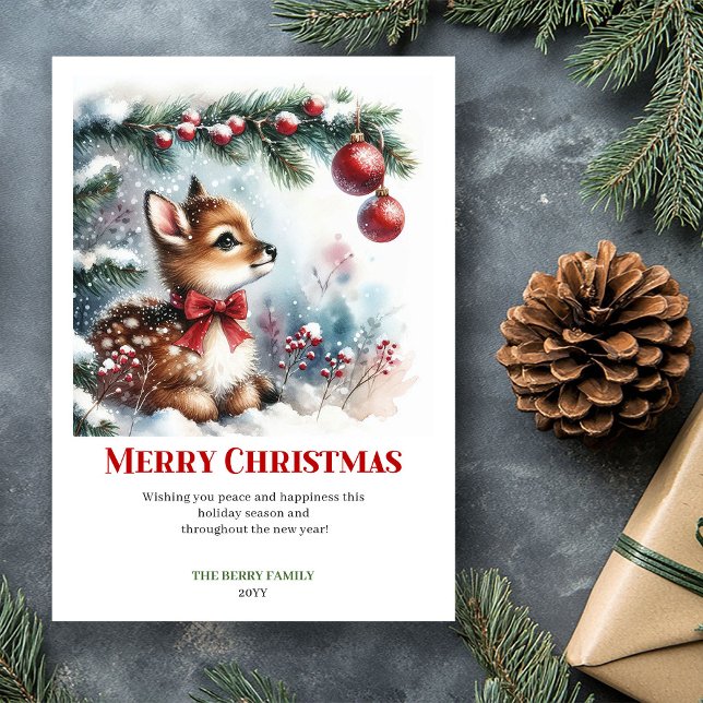 Cartão De Festividades Merry baby deer winter scene snowy forest greeting (Merry baby deer winter scene snowy forest greeting card)
