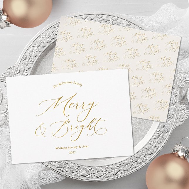 Cartão De Festividades Merry & Bright Elegant Gold Script Christmas Card (Criador carregado)