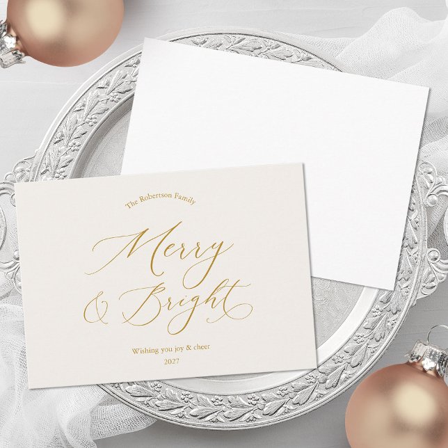 Cartão De Festividades Merry & Bright Minimalist Gold Script Christmas (Criador carregado)