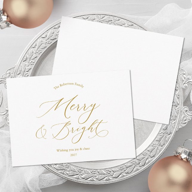 Cartão De Festividades Merry & Bright Minimalist Gold Script Christmas (Criador carregado)