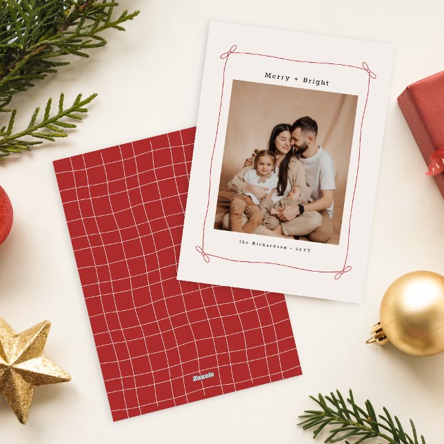 Cartão De Festividades Merry Bright Red Bow Ribbon Family Photo Christmas (Criador carregado)