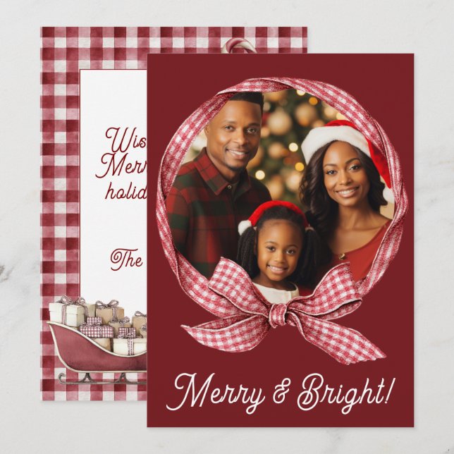Cartão De Festividades Merry & Bright Red Gingham Photo Holiday Christmas (Frente/Verso)