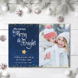 Cartão De Festividades Merry Bright Script Foto Azul Estrela Brilho Doura