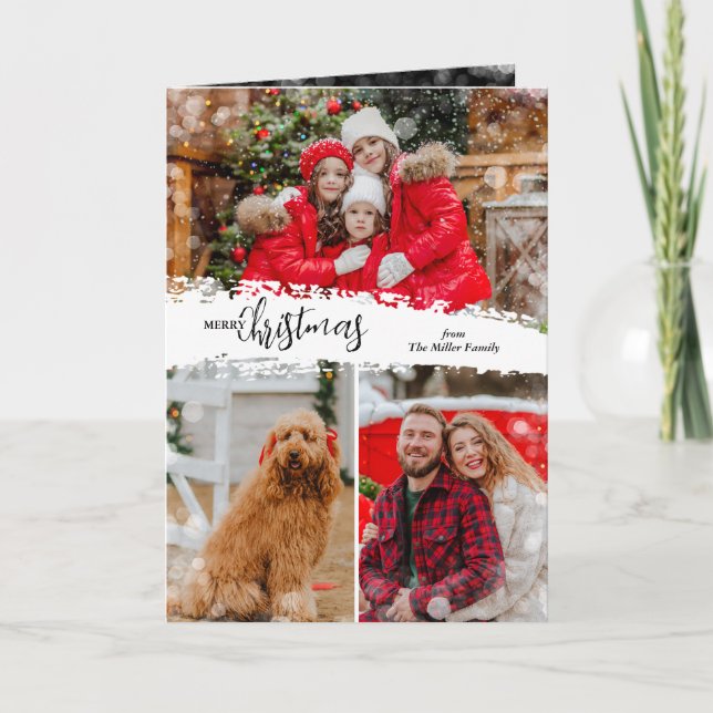 Cartão De Festividades Merry Christmas 3 Photo Collage Folded (Frente)