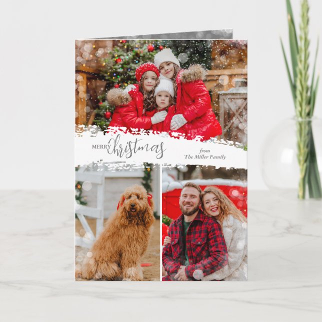 Cartão De Festividades Merry Christmas 3 Photo Collage Folded (Frente)