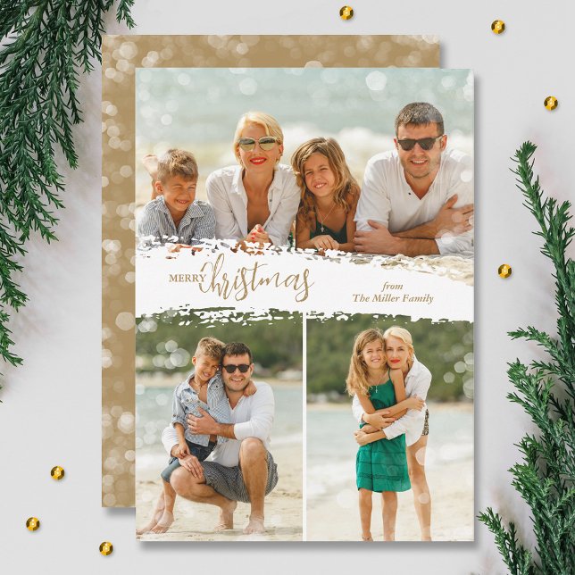 Cartão De Festividades Merry Christmas 3 Photo Collage Holiday Card (Gold Merry Christmas 3 photo grid collage holiday cards, PRINTED and/or INSTANT DOWNLOAD)