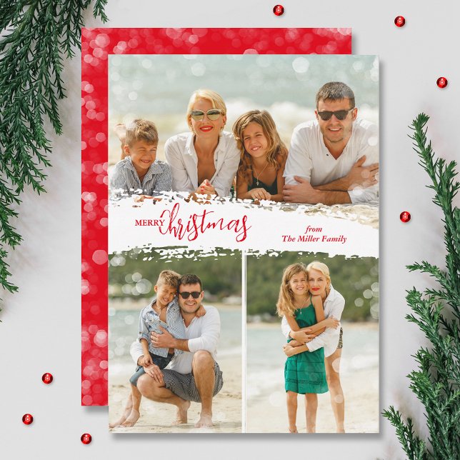 Cartão De Festividades Merry Christmas 3 Photo Collage Holiday Card (Red Merry Christmas 3 photo grid collage holiday cards, PRINTED and/or INSTANT DOWNLOAD)