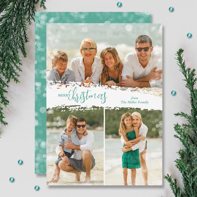 Cartão De Festividades Merry Christmas 3 Photo Collage Holiday Card (Aqua Merry Christmas 3 photo grid collage holiday cards, PRINTED and/or INSTANT DOWNLOAD)