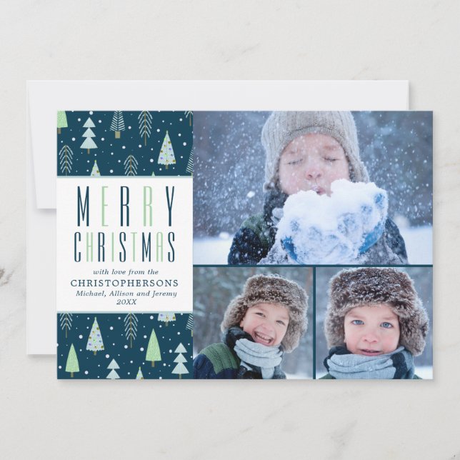 Cartão De Festividades MERRY CHRISTMAS Blue Green Tres 3 Fotos (Frente)