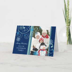 Cartão De Festividades Merry Christmas Blue Snowflakes Photo Card
