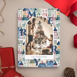 Cartão De Festividades Merry Christmas Blue Watercolor Houses Arch Photo