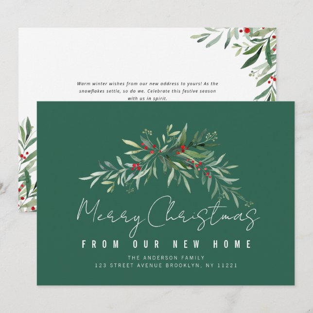 Cartão De Festividades Merry Christmas botanical moving announcement card (Frente/Verso)
