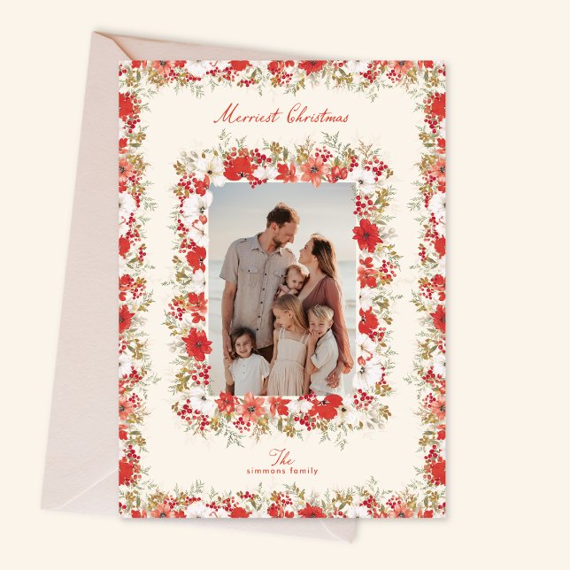Cartão De Festividades merry christmas botanicals red elegant photo frame (Criador carregado)