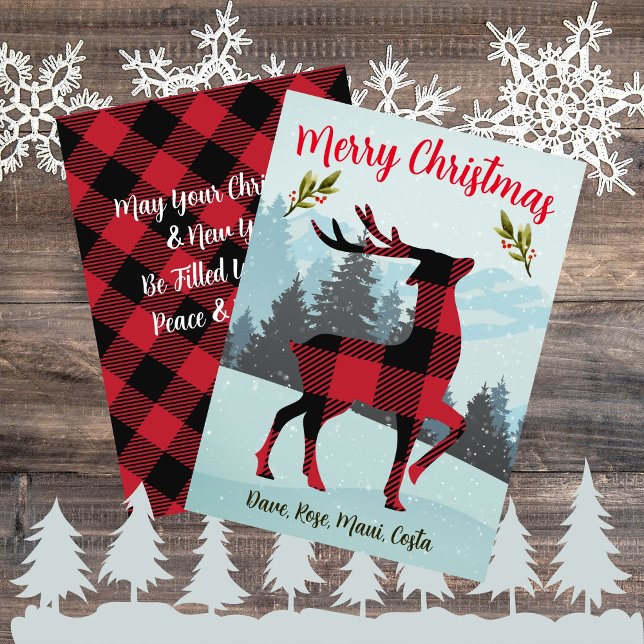 Cartão De Festividades Merry Christmas Buffalo Xadrez Reindeer And Trees (Merry Christmas Buffalo Plaid Reindeer And Trees Holiday Card)