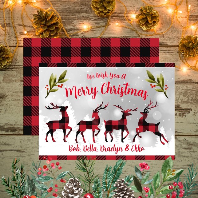Cartão De Festividades Merry Christmas Buffalo Xadrezes Reindeers (Merry Christmas Buffalo Plaid Reindeers Holiday Card)