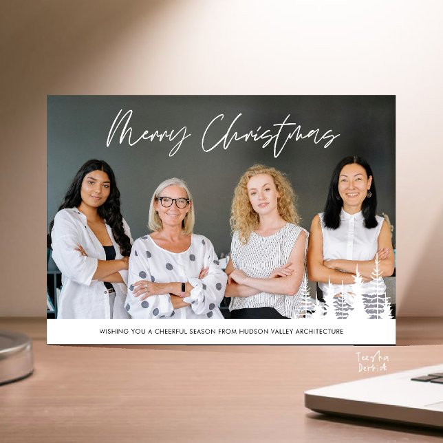 Cartão De Festividades Merry Christmas Business Team Photo Pine Trees (Merry Christmas Business Team Photo Pine Trees Holiday Card in Black and White)
