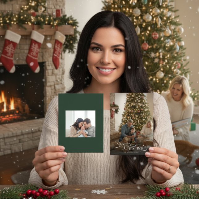 Cartão De Festividades Merry Christmas Calligraphy Script Family Photo (Criador carregado)