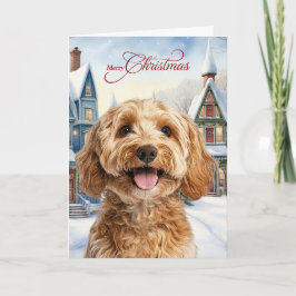 Cartão De Festividades Merry Christmas Cockapoo Dog Snowy Winter Village