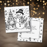 Cartão De Festividades Merry Christmas Color Me | Snowman e Bunny<br><div class="desc">Cartão postal de Natal personalizado com páginas coloridas. As páginas coloridas são um boneco de neve e coelho com árvores de Natal,  a lua e os flocos de neve na frente. A parte de trás do cartão postal tem uma mensagem de feriado que você pode personalizar.</div>